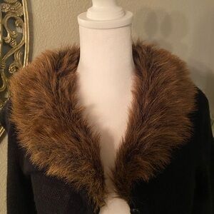 A. Byer Black Cardigan with Brown Faux Fur Collar